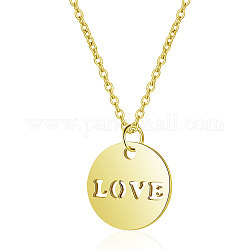 201 Stainless Steel Pendants Necklaces, with Cable Chains, Flat Round with Word LOVE, Golden, 16.3 inch(40cm), 1mm