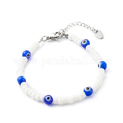 Bracelet rond en perles de verre, avec le mal de perles au chalumeau des yeux, bleu, 7-1/4 pouce (18.5 cm)