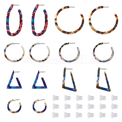 Mega Pet 8Pair 7 Style Cellulose Acetate Half Hoop Earrings, Large C-shape & Triangle & Trapezoid & Oval Stud Earrings for Women, with 20Pcs Plastic Ear Nut, Mixed Color, 28~64.5x2.5~3mm, Pin: 0.7mm