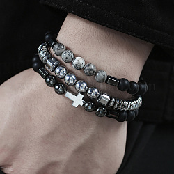 Ensemble de bracelets extensibles en perles synthétiques non magnétiques en hématite et pierre de carte, 3 styles, 3 pièce, bracelets empilables croisés, noir, 7-1/8~7-1/2 pouce (18~19 cm), 1pc / style