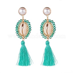 Beads Wire Wrap Long Dangle Stud Earring, Natural Shell with Polyester Tassel Drop Earrings for Women, Golden, Medium Aquamarine, 85mm, Pin: 0.9mm