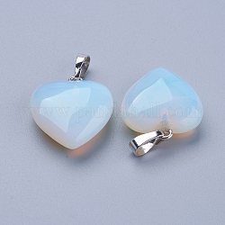 Ciondoli Opalite, con accessori di ottone, cuore, platino, 23x20x9mm, Foro: 5x8 mm