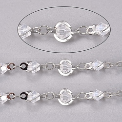 Chaînes de perles de verre faites à la main de 3.28 pied, avec maillons en laiton plaqué longue durée, soudé, clair, platine, 10x6~6.5x4mm