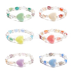 Bracelet extensible en perles de verre et cœur en acrylique pour enfants, couleur mixte, diamètre intérieur: 1-3/4 pouce (4.6~5.1 cm)
