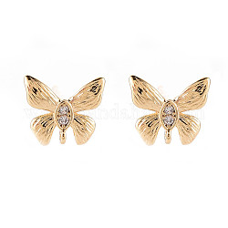 Brass Micro Pave Clear Cubic Zirconia Stud Earrings Findings, Nickel Free, Butterfly, Real 18K Gold Plated, 8x9mm, Hole: 0.8mm, Pin: 0.7mm
