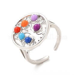 Colorful Resin Beaded Tree of Life Open Cuff Ring, Brass Jewelry for Women, Platinum, US Size 6 3/4(17.1mm)