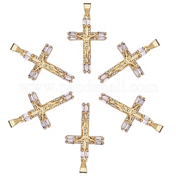 6Pcs Brass Micro Pave Clear Cubic Zirconia Pendants, Long-Lasting Plated, Crucifix Cross, Real 18K Gold Plated, 32x20x4.5mm, Hole: 2.5x4.5mm