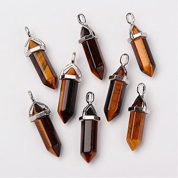 Natural Tiger Eye Double Terminated Pointed Pendants, with Random Alloy Pendant Hexagon Bead Cap Bails, Bullet, Platinum, 37~40x12mm, Hole: 3mm