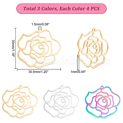 Wholesale DICOSMETIC 12Pcs 3 Colors Rose Flower Charms Stainless Steel 3  Colors Hollow Flower Charms Open Back Bezel Pendant for Valentine's Day DIY Necklace  Jewelry Making 