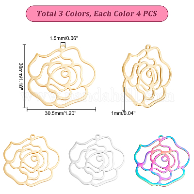 Wholesale DICOSMETIC 12Pcs 3 Colors Rose Flower Charms Stainless Steel 3  Colors Hollow Flower Charms Open Back Bezel Pendant for Valentine's Day DIY  Necklace Jewelry Making 