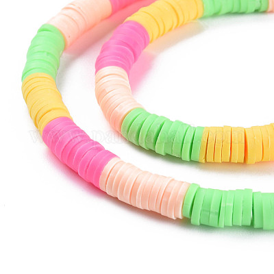 Fixed 4 Color Handmade Polymer Clay Bead Strands, Heishi Beads, Disc/Flat  Round, Spring Green & Bisque & Hot Pink & Yellow, 6x0.3~1.5mm, Hole