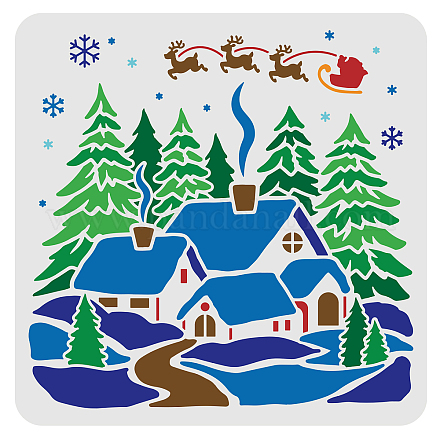 FINGERINSPIRE House Pattern Stencils 11.8x11.8 inch Christmas Decor Stencils Plastic House Snow Tree Deer Pattern Stencils Reusable Christmas Snow House Stencil for Painting on Wood Floor Wall DIY-WH0172-721-1