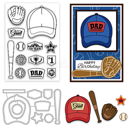 Globleland 野球テーマのクリアスタンプとダイカット、野球帽、手袋、バット、シリコンスタンプカード、カード作成や DIY エンボススクラップブッキング用の金属切削ダイ DIY-GL0004-05-1