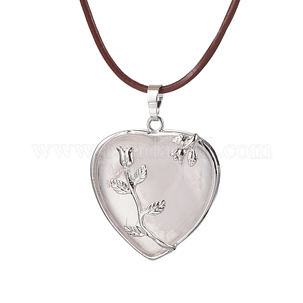 Ожерелье с подвеской в виде сердца из натурального розового кварца со шнурками из воловьей кожи NJEW-JN04598-02-1