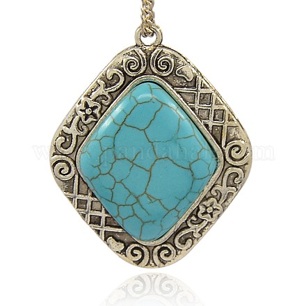 Antique Silver Plated Alloy Gemstone Rhombus Synthetic Turquoise Pendants PALLOY-J276-01AS-1