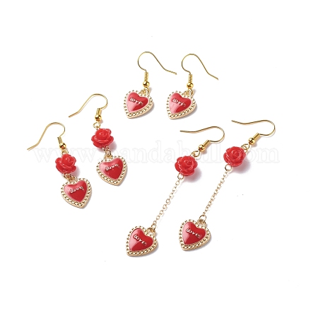 3 paires de breloques en alliage d'émail rouge de style 3 et boucles d'oreilles pendantes en perles de rose EJEW-JE05031-03-1
