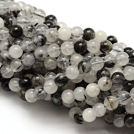 Natural Gemstone Black Rutilated Quartz Round Beads Strands G-E251-30-12mm-1