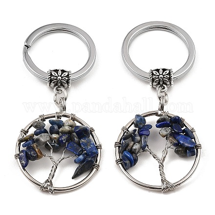Porte-clés rond plat en lapis-lazuli naturel avec pendentif arbre de vie KEYC-E023-03N-1