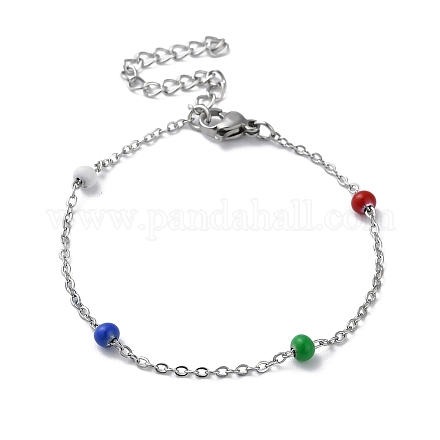 304 Stainless Steel Cable Chain Bracelet with Enamel Rondelle Beaded BJEW-G683-02P-01-1