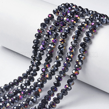 電気メッキオペークガラスビーズ連売り  紫色の半分は、メッキ  多面カット  ロンデル  ブラック  4x3mm  穴：0.4mm  約145個/連  18.9インチ（48cm） X-EGLA-A034-P4mm-F01-1