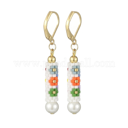 Glass Seed Braided Column with Flower Dangle Leverback Earrings EJEW-MZ00055-1