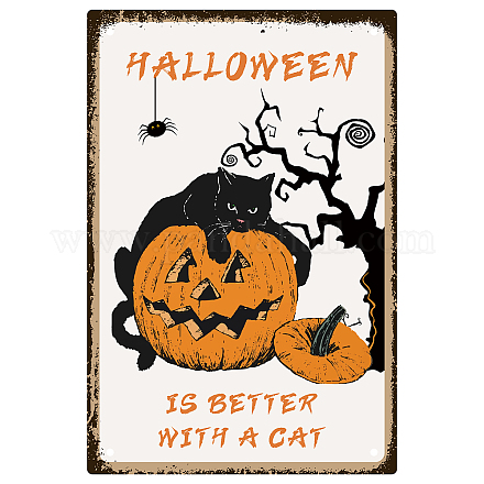 Creatcabin Plaque en métal pour Halloween - Décoration murale amusante à suspendre - Chat noir - Araignée - Citrouille - Plaques de peinture rétro avec citations pour fête AJEW-WH0157-600-1