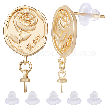 Beebeecraft 1 Box 10Pcs Round Stud Earring Findings 18K Gold Plated Carved Rose Flower Stud Post with Sterling Silver Eye Pin Bail Caps and 10Pcs Ear Nuts for Half Drilled Bead Jewelry Making KK-BBC0009-25-1