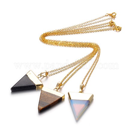 Golden Tone Triangle Brass Gemstone Pendant Necklaces NJEW-JN01161-1
