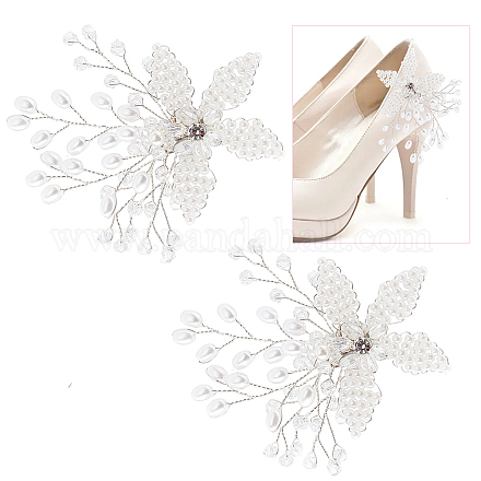 Abs プラスチック模造真珠ビーズの花の結婚式の靴の装飾  銅線巻き  ラインストーン付き  プラチナ＆シルバー  80x62x10mm FIND-WH0126-71S-1
