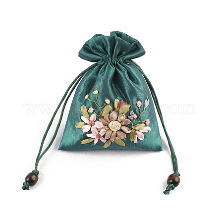 花柄のサテンのジュエリー梱包ポーチ  巾着ギフトバッグ  長方形  ティール  14x10.5cm PW-WG90050-03-1