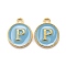 Golden Plated Alloy Enamel Charms, Cadmium Free & Lead Free, Enamelled Sequins, Flat Round, Sky Blue, Letter.P, 14x12x2mm, Hole: 1.5mm