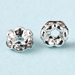 Brass Rhinestone Spacer Beads, Wavy Edge, Crystal, Nickel Free, Silver, 4x2mm, Hole: 1mm