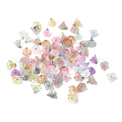 Encantos de cristal, flor, Con aro de latón en tono platino y polvo brillante., degradado de color, color mezclado, 10.5x11mm, agujero: 2 mm