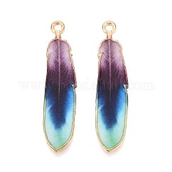 Colgantes de esmalte de aleación, dorado, encanto de plumas, medio de la orquídea, 38x8.5x1.5mm, agujero: 1.6 mm