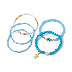 5 Stück 5-teiliges Stretch-Armband-Set aus Bunte Malerei- und synthetischen Türkis- und Naturperlenperlen mit bösem Blick&nbsp;BJEW-JB09708