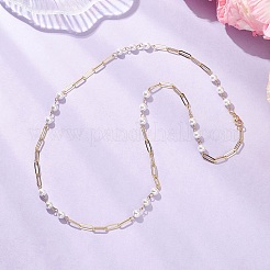 Collar de cadena con clip de latón y cuentas de perla blanca redonda de 6.5 mm para mujer&nbsp;NJEW-JN05567