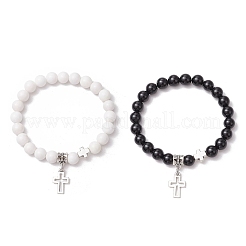 2 pulsera elástica de cuentas redondas de jade mashan y obsidiana natural&nbsp;BJEW-JB11599