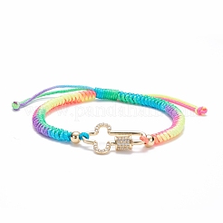 Set di braccialetti a maglie in ottone con micro pavé di zirconi cubici a forma di anello e croce e moschettoni a moschettone&nbsp;BJEW-JB07081