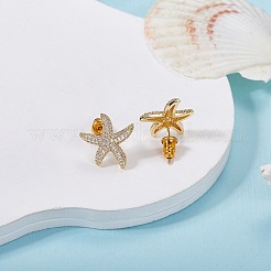 1 par de pendientes con forma de estrella de mar de latón con micro pavé de circonita cúbica transparente&nbsp;EJEW-SZ0002-08G