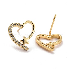 Orecchini a bottone con micro pavé di zirconi cubici trasparenti in ottone con cuore e stella&nbsp;KK-K258-30G-RS