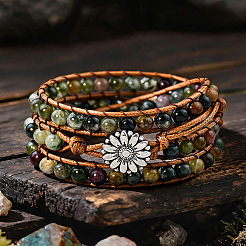 Braccialetti avvolgenti regolabili da donna con perline rotonde in agata indiana naturale e fiore in lega.&nbsp;WGB06FC-01