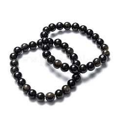 Pulseras de cuentas elásticas de obsidiana con brillo dorado natural&nbsp;G-A185-01P
