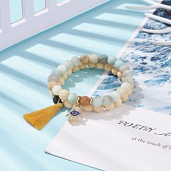 2 pièces 2 style fleur naturelle amazonite et pierre de lave et bracelets extensibles en bois sertis de breloques de main hamsa gland et alliage&nbsp;BJEW-JB08347
