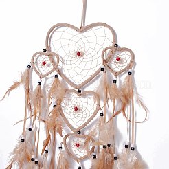 Filet/toile tissée à la main en forme de cœur avec décoration murale en plumes&nbsp;HJEW-A001-04