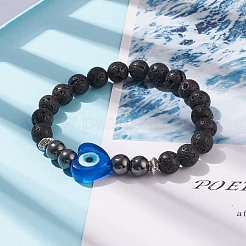 Bracciale elasticizzato in pietra lavica naturale ed ematite sintetica&nbsp;BJEW-JB08323-01