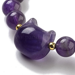 Braccialetti elasticizzati da donna con perline di ametista naturale rotonde e con testa di gatto&nbsp;BJEW-K251-03A