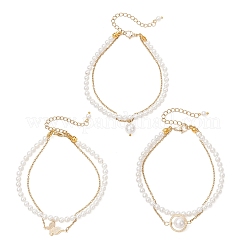3 bracelet multi-rangs en perles rondes de coquillage pour femmes&nbsp;BJEW-JB12035
