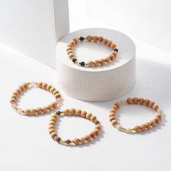 Bracciale elasticizzato con perline in legno naturale e pietre preziose&nbsp;BJEW-JB07820