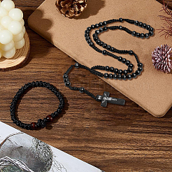 Kreuz Polyester gewebte Holzperlen Gebetsanhänger Halsketten & Stretch-Armbänder Sets&nbsp;SJEW-DC0001-01