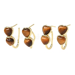 Boucles d'oreilles puces en œil de tigre naturel en forme de cœur pour la Saint-Valentin&nbsp;EJEW-T053-01G-11